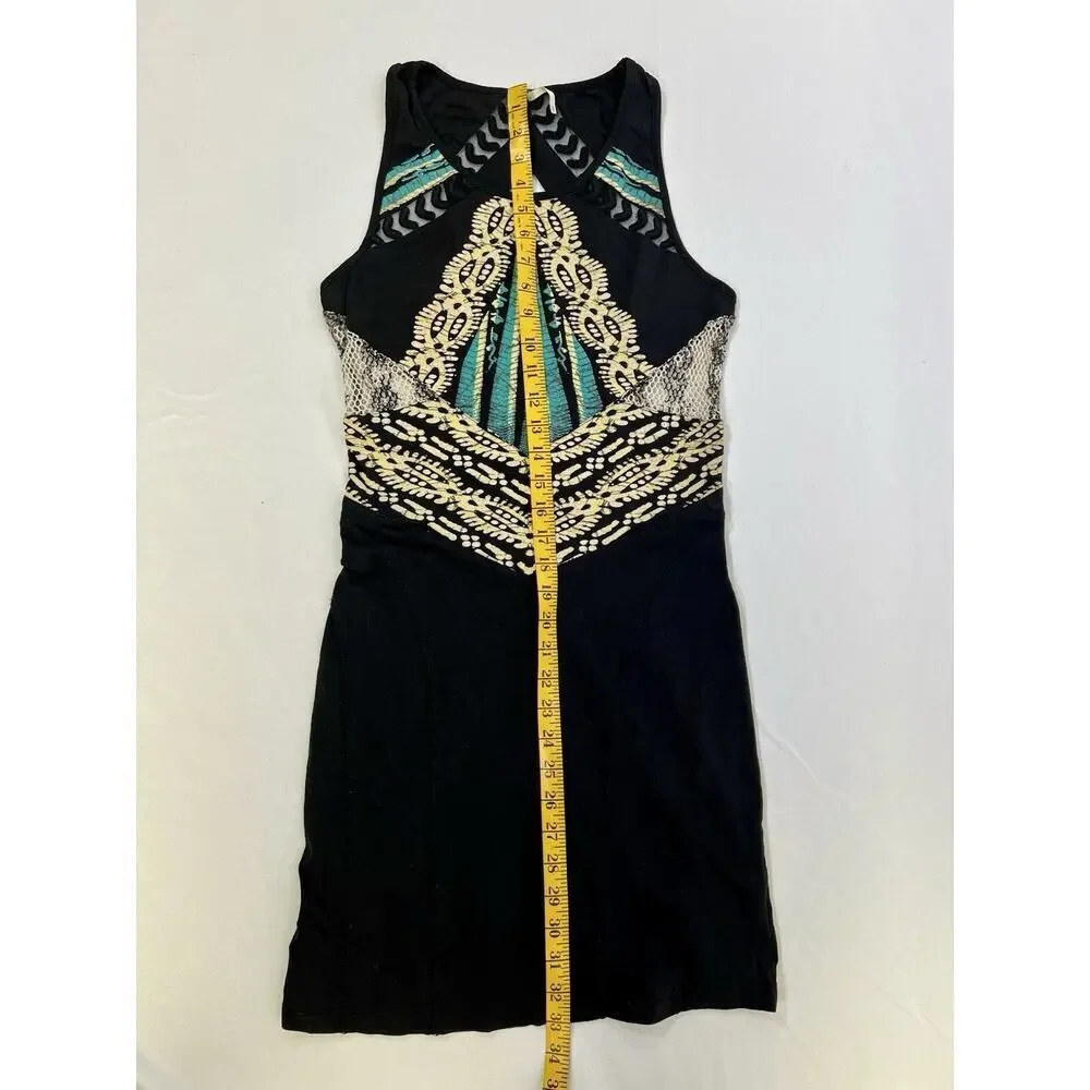 VTG Y2K Free People Short Fitted Stretch Cotton Dress Size S Black Boho‎ Aztec